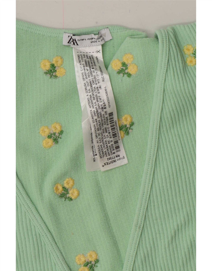 Zara Womens Wrap Cardigan Top UK 12 Medium Green Floral Polyamid