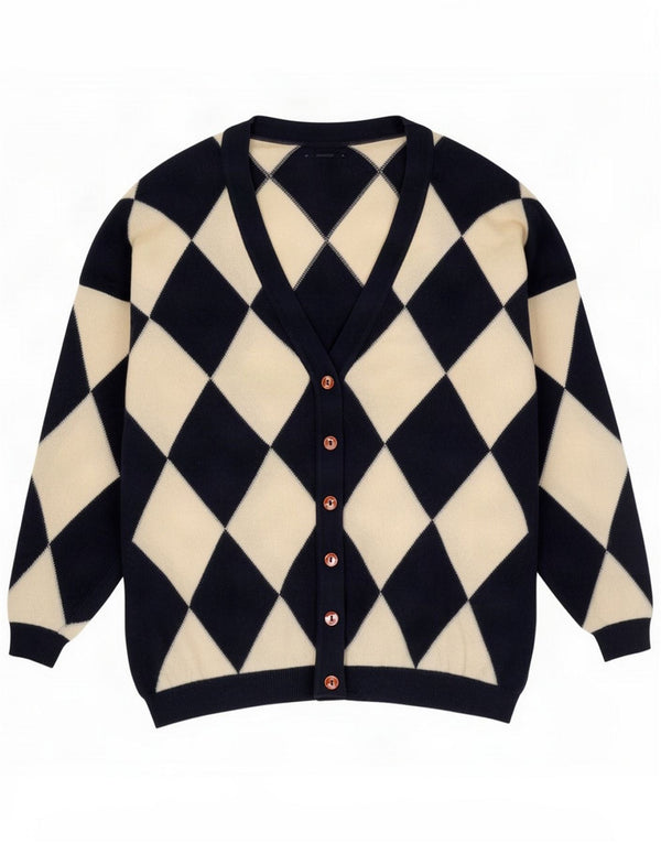 Vintage Womens Cardigan Sweater UK 14 Medium Navy Blue Argyle/Diamond