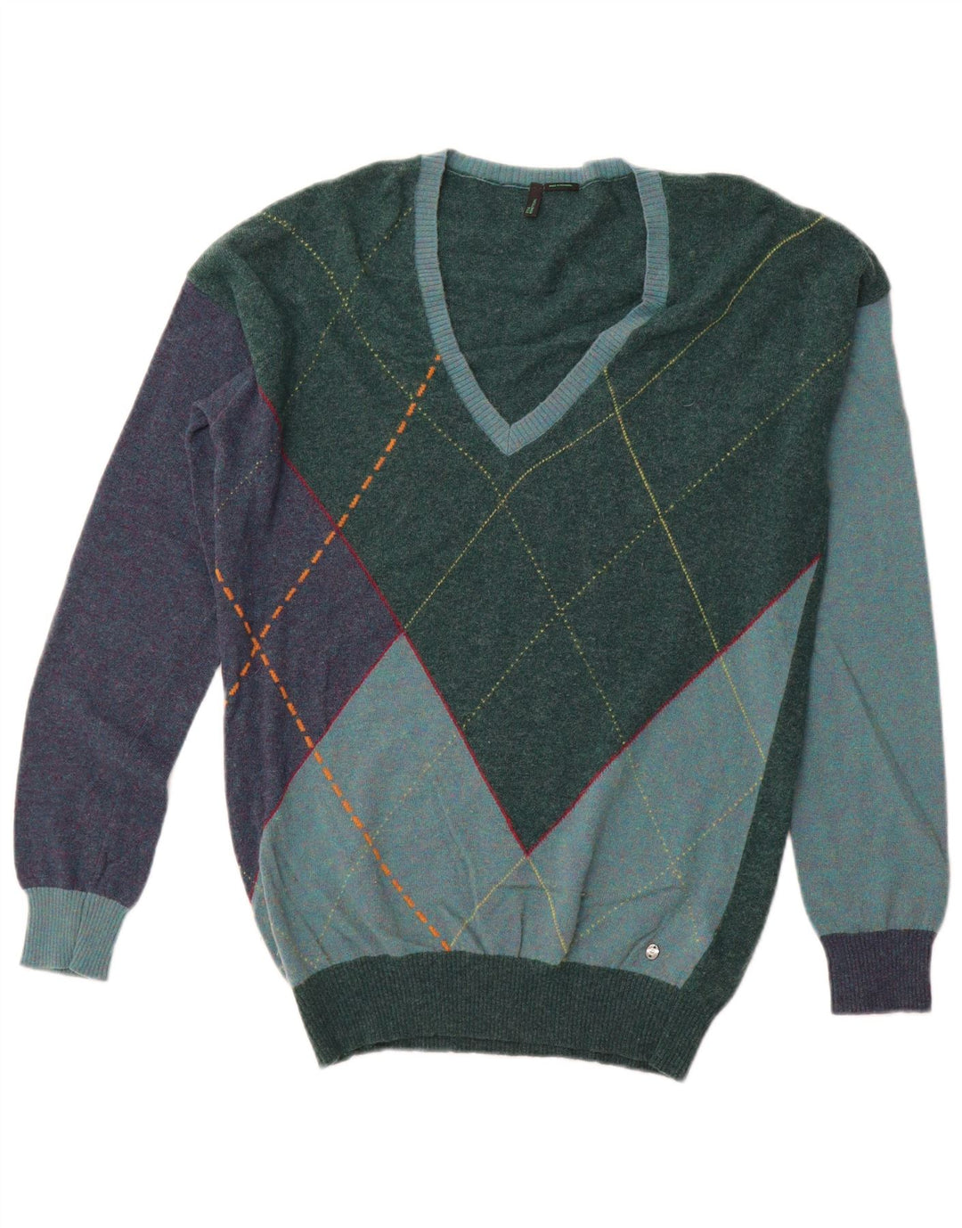 BENETTON Mens V-Neck Jumper Sweater Large Green Argyle/Diamond Wool