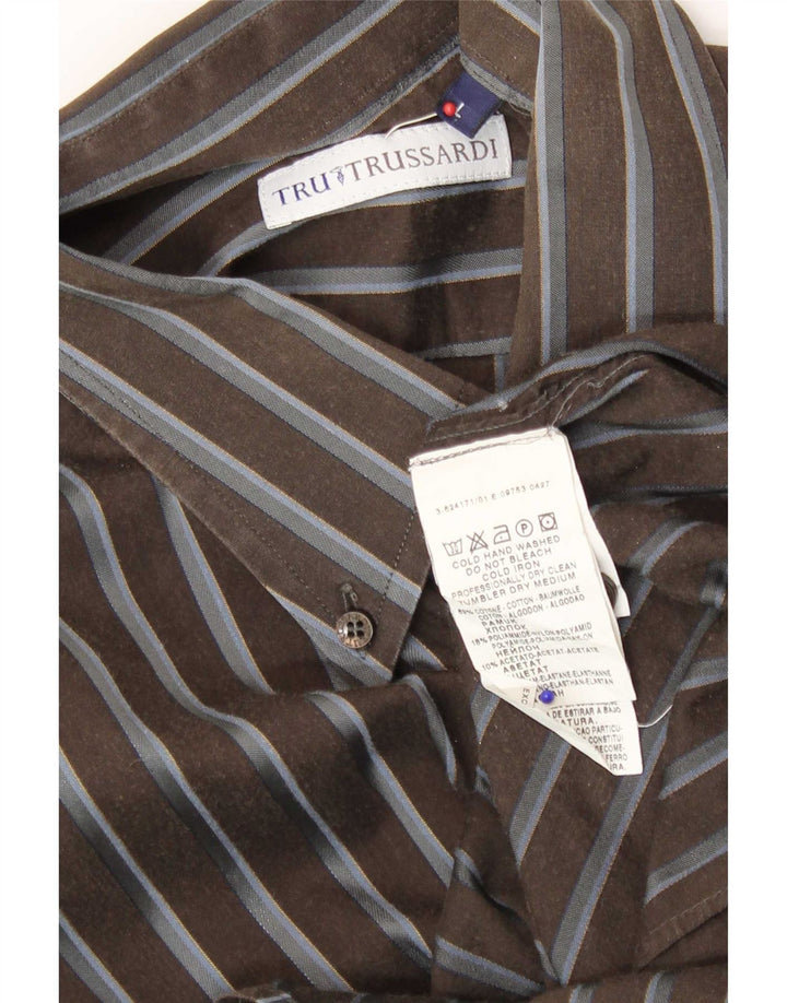 Trussardi herreskjorte stor brun stribet bomuld