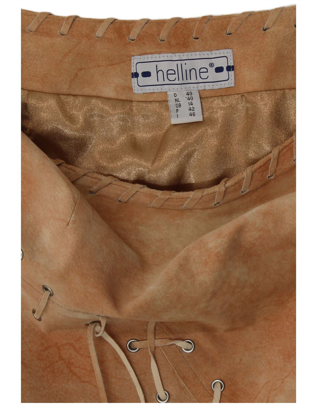 HELLINE kvinders asymmetrisk nederdel UK 14 Large W30 Beige Tie Dye Læder