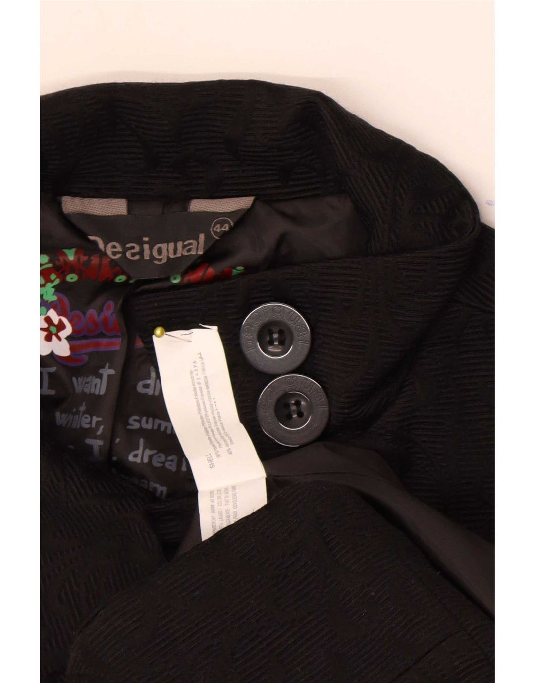 Desigual Dame Grafisk Overfrakke EU 44 XL Sort Geometrisk Polyester