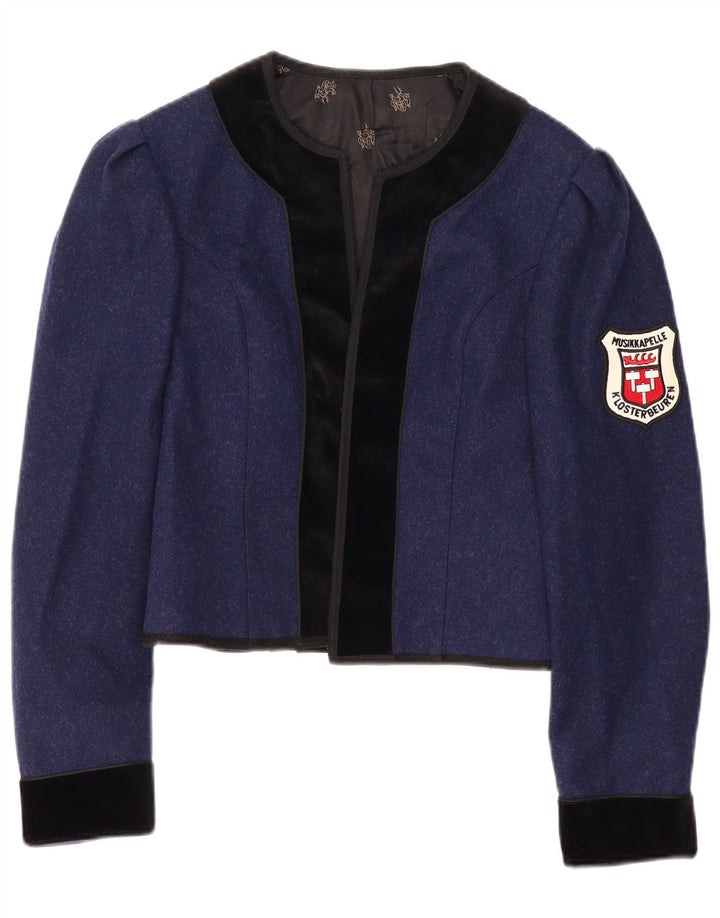 Vintage Dame Trachten Crop Open Blazer Jacket UK 12 Medium Navy Blue
