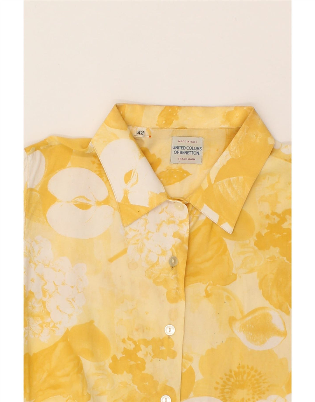 BENETTON Womens Short Sleeve Shirt Blouse IT 42 Medium Yellow Floral Vintage Benetton and Second-Hand Benetton from Messina Hembry 