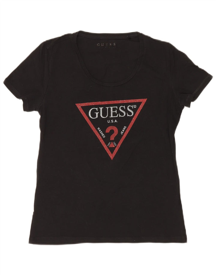 GUESS Grafisk T-shirt top til kvinder UK 8 Lille sort bomuld
