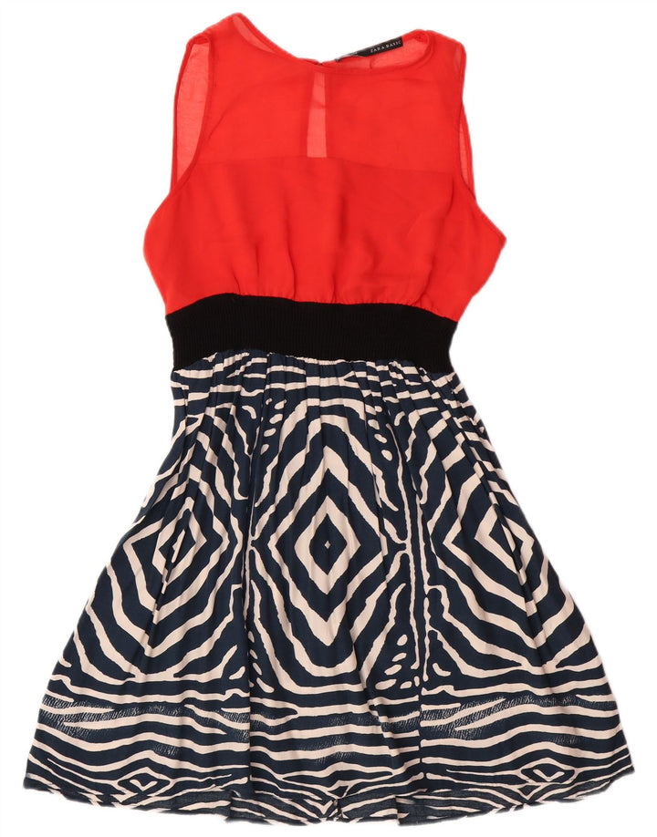 Zara Womens Basic Ærmeløs A-Line Kjole UK 12 Medium Rød Geometrisk Moderne