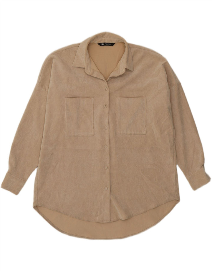 Zara Dame Oversized Corduroy Skjorte UK 6 XS Beige Polyester