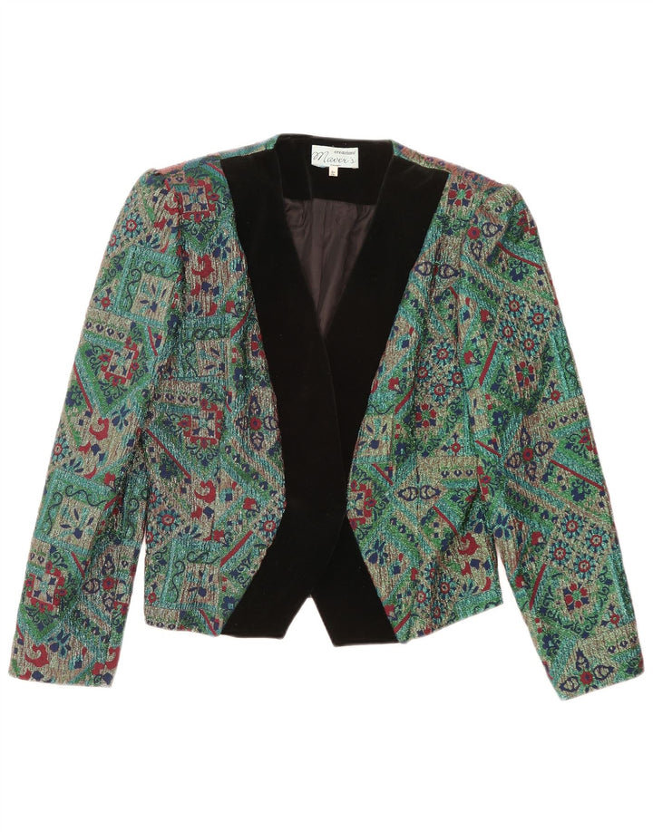 Vintage Dame Crop Blazer Jacket IT 46 Stor Grøn Geometrisk Acetat