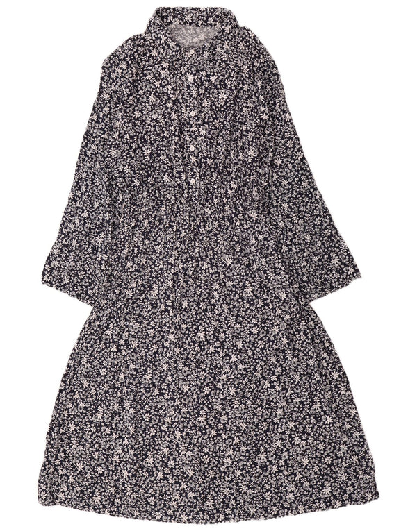 VINTAGE Langærmet maxikjole til kvinder UK 14 Stor marineblå blomsterbomuld