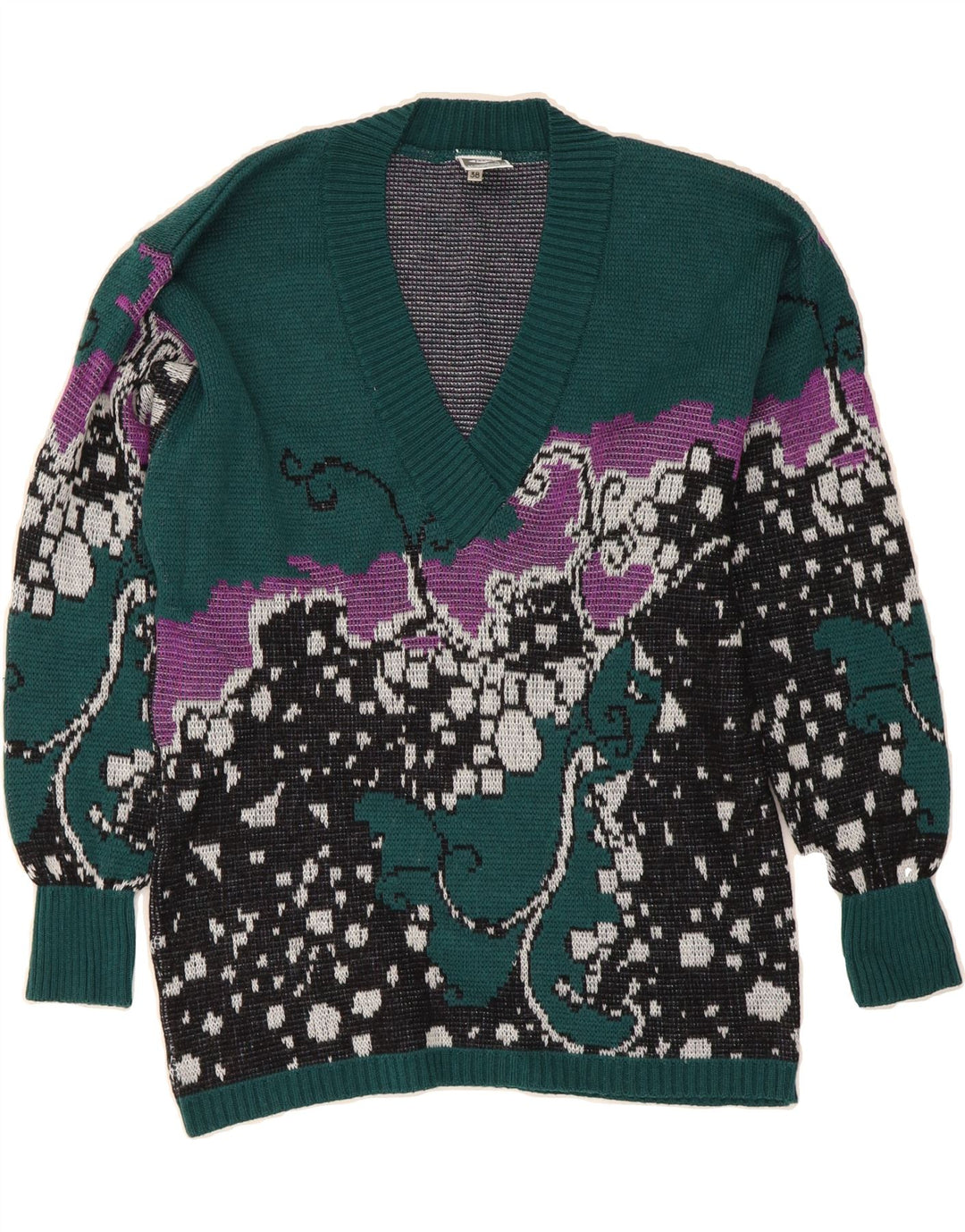 VINTAGE Womens V-Neck Jumper Sweater EU 38 Medium Green Floral Polyacrylic Vintage Vintage and Second-Hand Vintage from Messina Hembry 