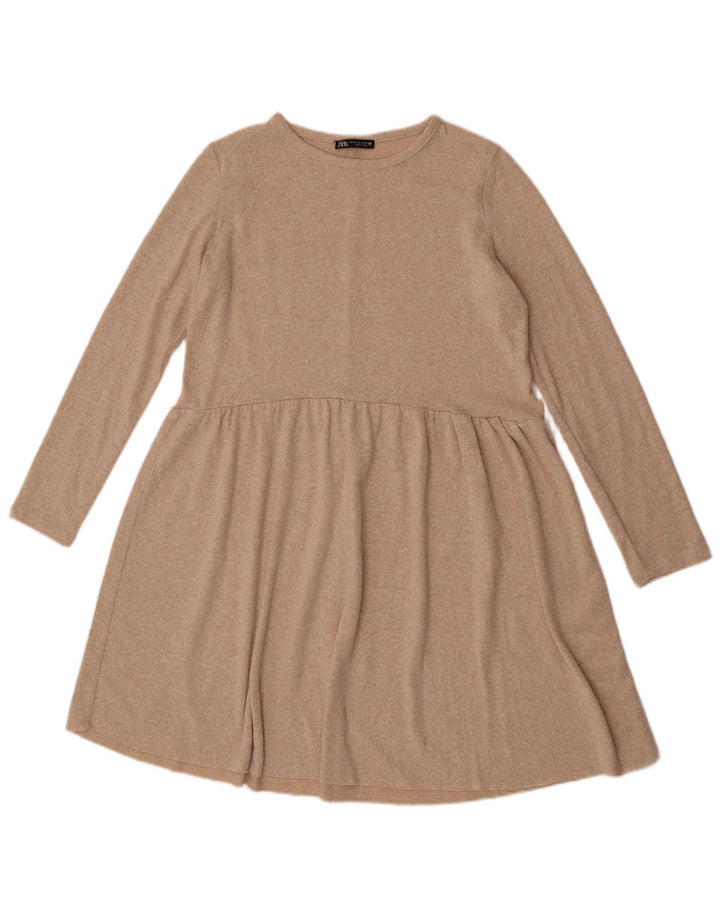 Zara Dame Langærmet A-Line Kjole UK 12 Medium Beige Flecked Polyester