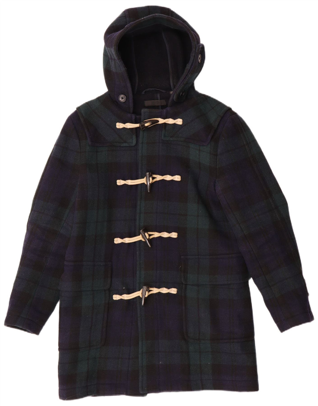 Uniqlo Herre Hooded Duffle Coat UK 36 Small Navy Blue Check