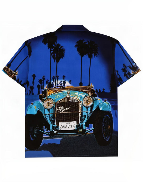 Vintage Hawaiiansk kortærmet skjorte til mænd, stor blå polyester