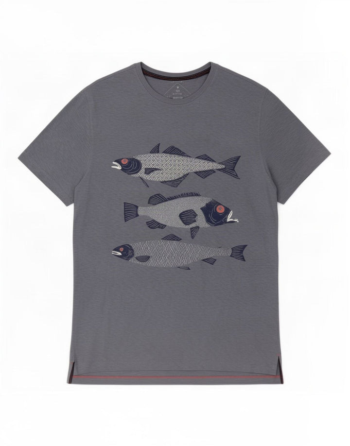 White Stuff Herre grafisk T-shirt Top Lille Blå Flecked Bomuld
