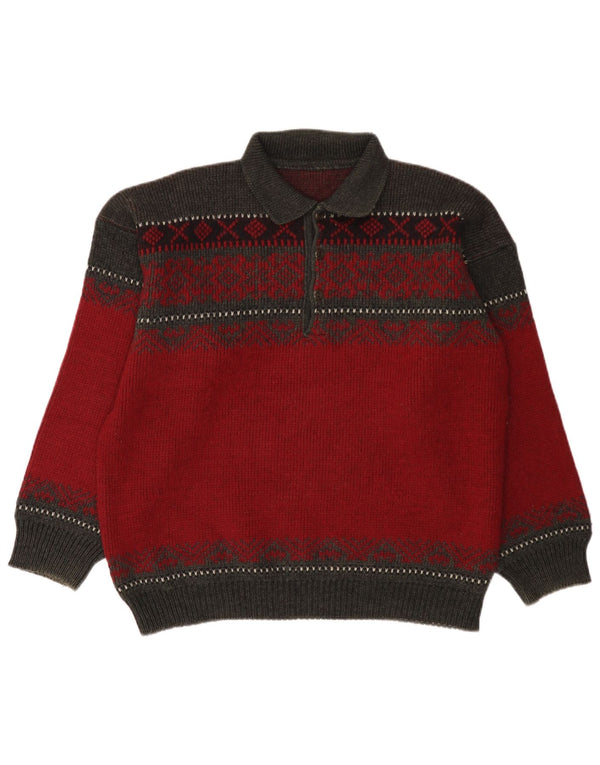 Vintage Mens Polo Neck Jumper Sweater Large Red Fair Isle Wool