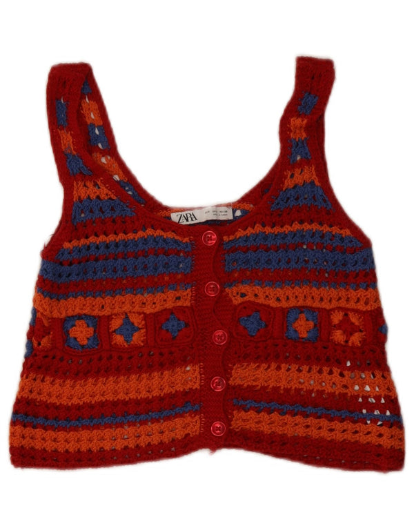 Zara ærmeløs hæklet Crop Top UK 8 Lille rød geometrisk bomuld