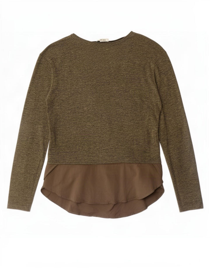 Zara Dame Top Langærmet UK 14 Medium Khaki Colourblock