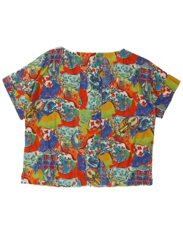 Vintage Kvinders Grafisk Bluse Top UK 14 Medium Flerfarvet Blomsterbomuld