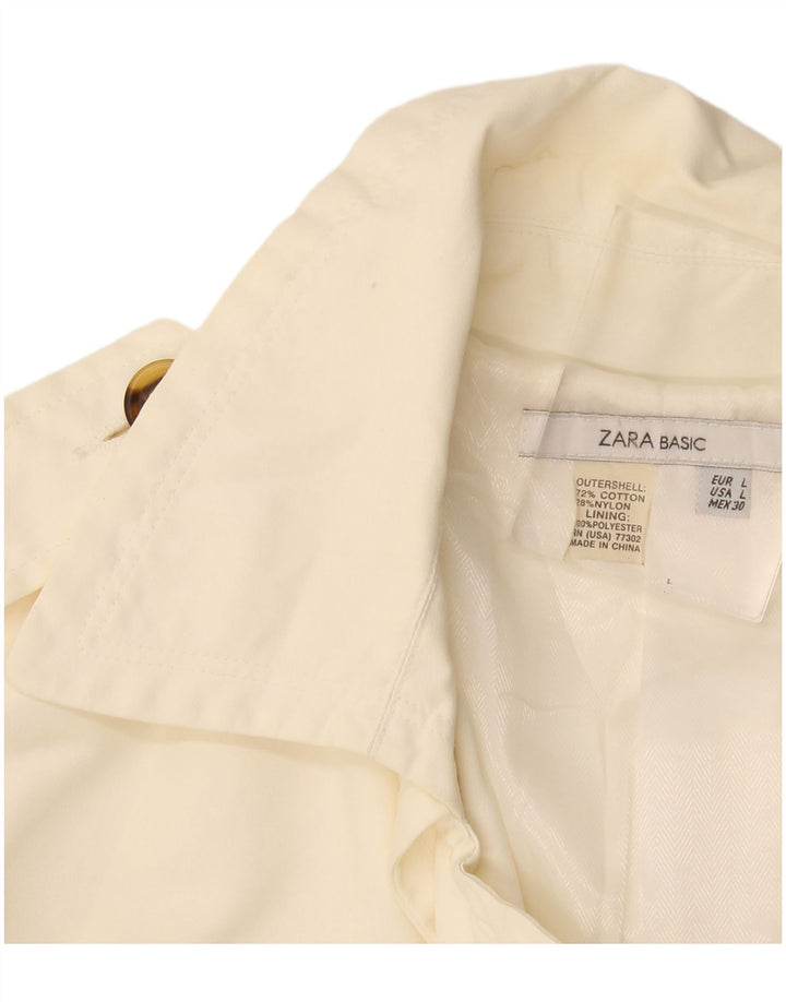 Zara Dame Dobbeltradet Trench Coat UK 14 Large Off White Bomuld