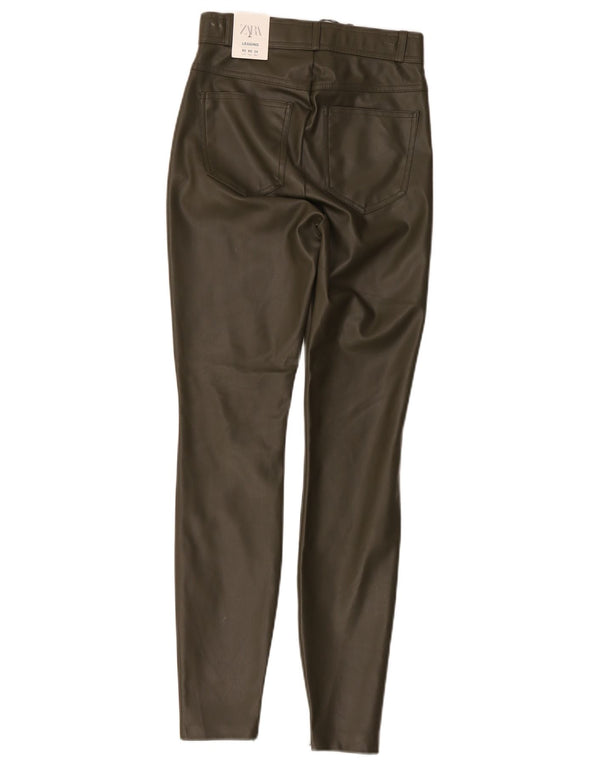 Zara Dame Højtalje Skinny Kunstlæder Bukser XS W24 L28 Khaki