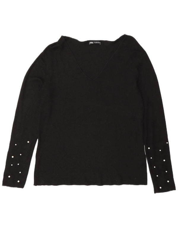 Zara Dame V-hals sweater UK 18 XL Sort plettet viskose