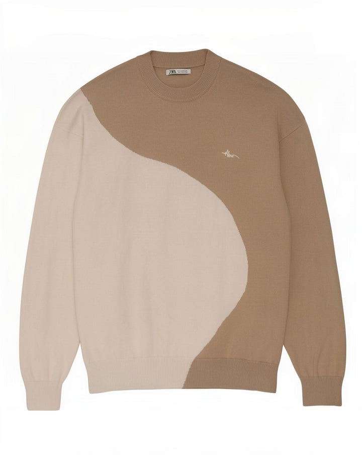Zara Herre trøjetrøje med rund hals Medium Beige Colourblock Bomuld