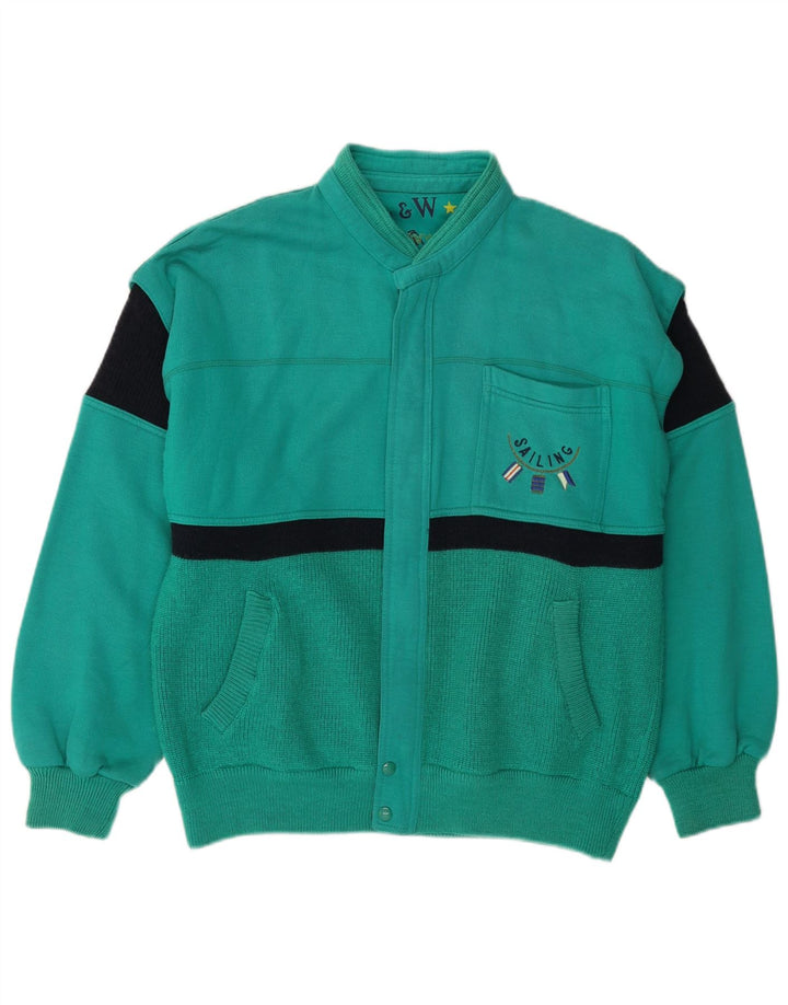 VINTAGE Herre Cardigan Sweater Stor Grøn Colourblock Uld
