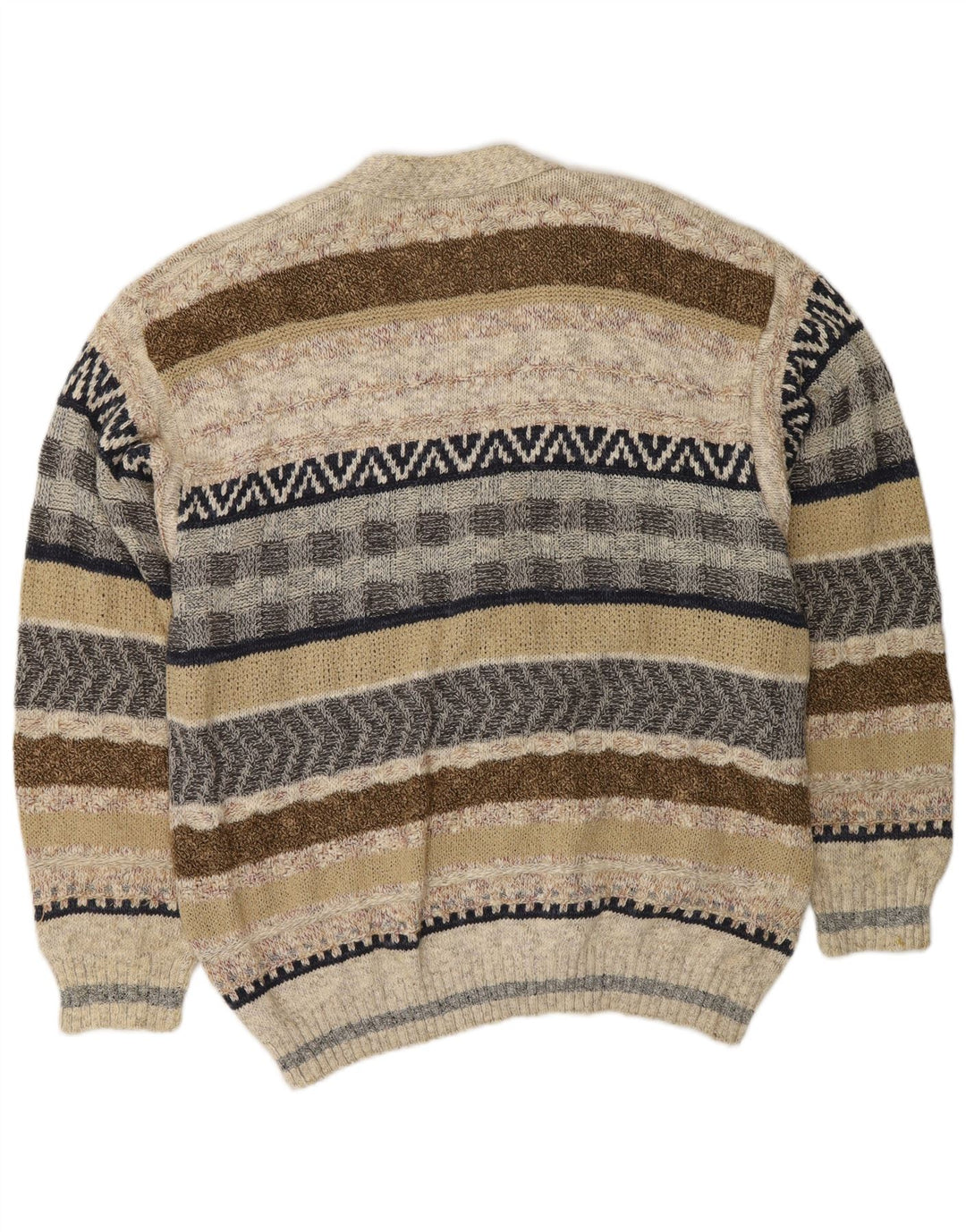 VINTAGE Mens Cardigan Sweater Large Beige Striped