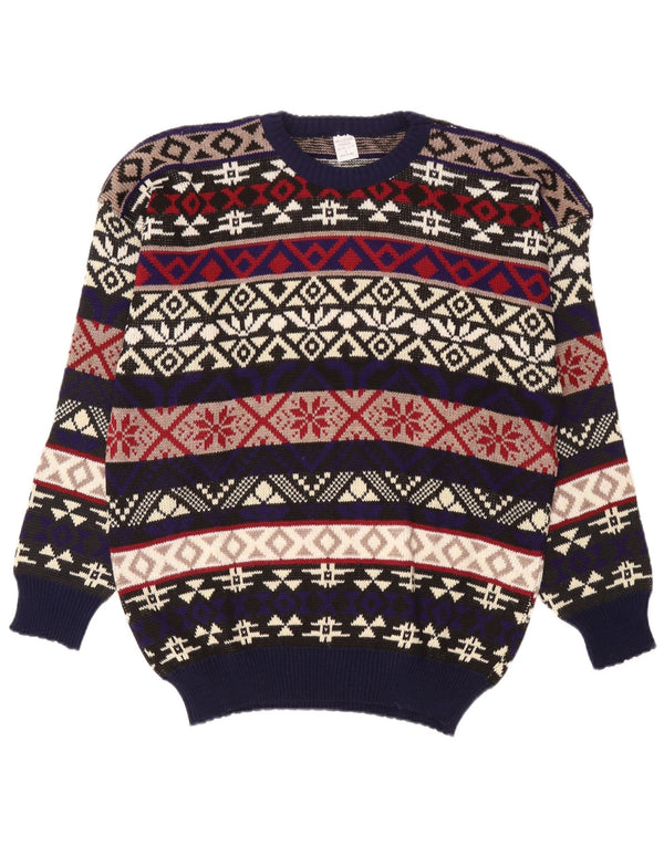 Vintage herre rund hals sweater stor flerfarvet Fair Isle akryl