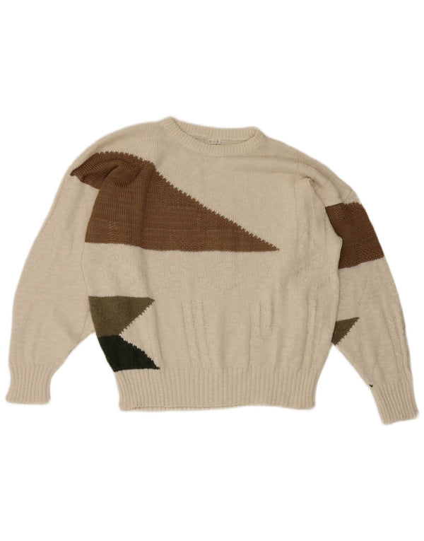 Vintage piger sweater med rund hals 13-14 år hvid geometrisk bomuld