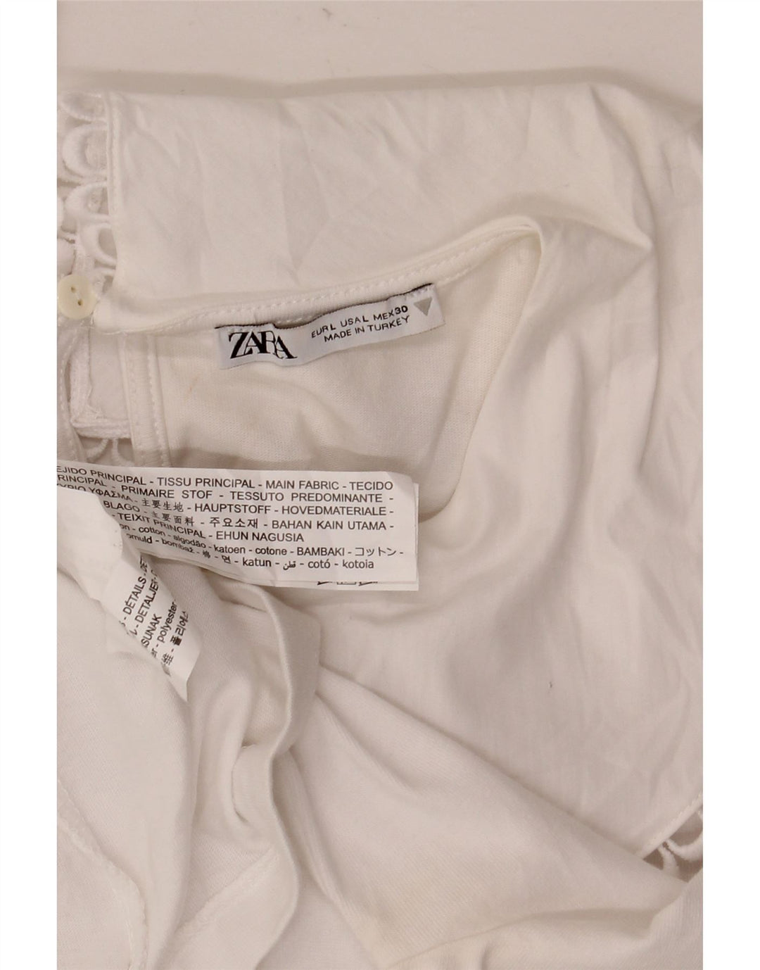 Zara Dame Bluse Top UK 14 Stor Hvid Bomuld
