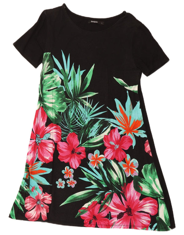 Desigual Dame A-Line Kjole UK 14 Stor Sort Blomster