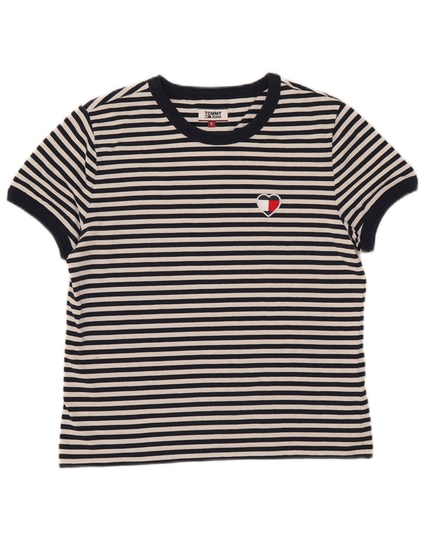 Tommy Hilfiger Dame Crop T-Shirt Top UK 10 Lille marineblå stribet bomuld