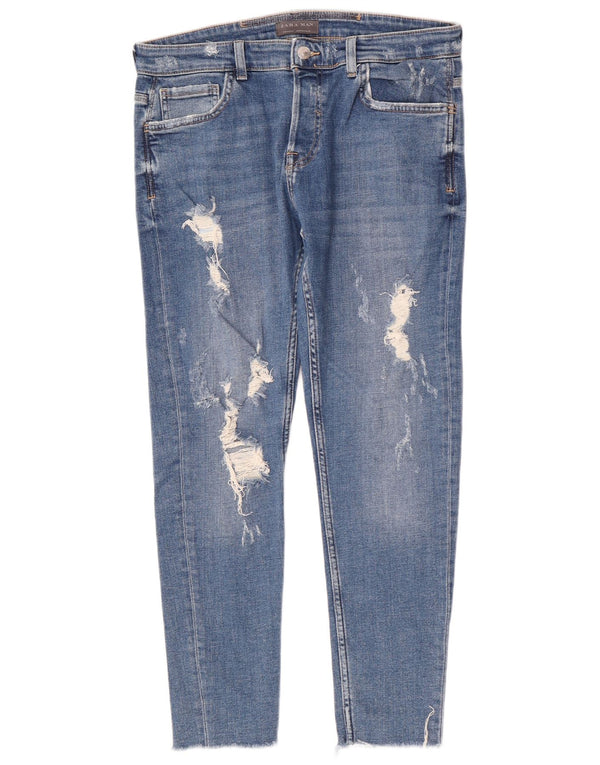 Zara Herre Distressed Slim Jeans EU 44 Large W34 L28 Blue Cotton