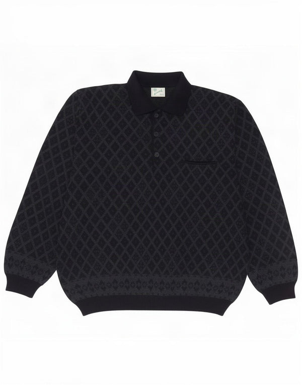Vintage Mens Polo Neck Jumper Sweater XL Navy Blue Geometric Wool