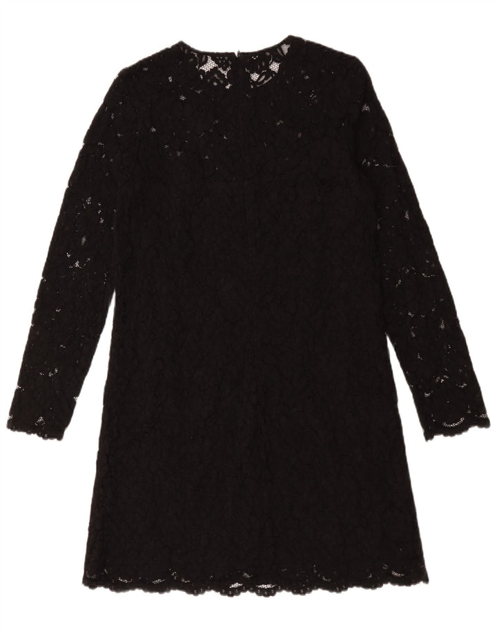 Vintage Dame Langærmet Skift Kjole UK 12 Medium Black Floral Polyester