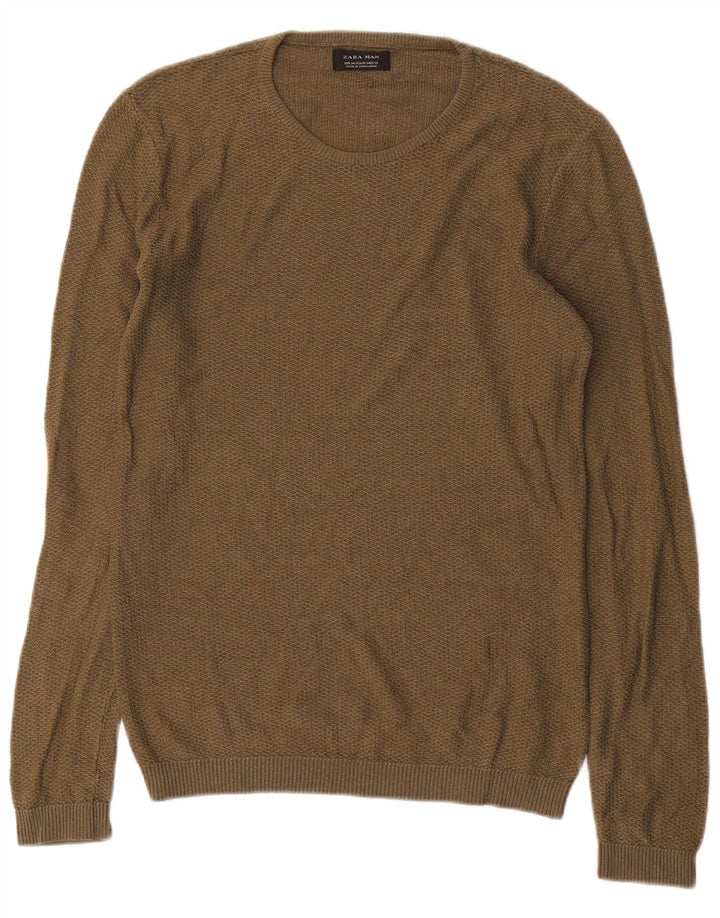 Zara Herre Crew Neck Jumper Sweater Medium Khaki Akryl