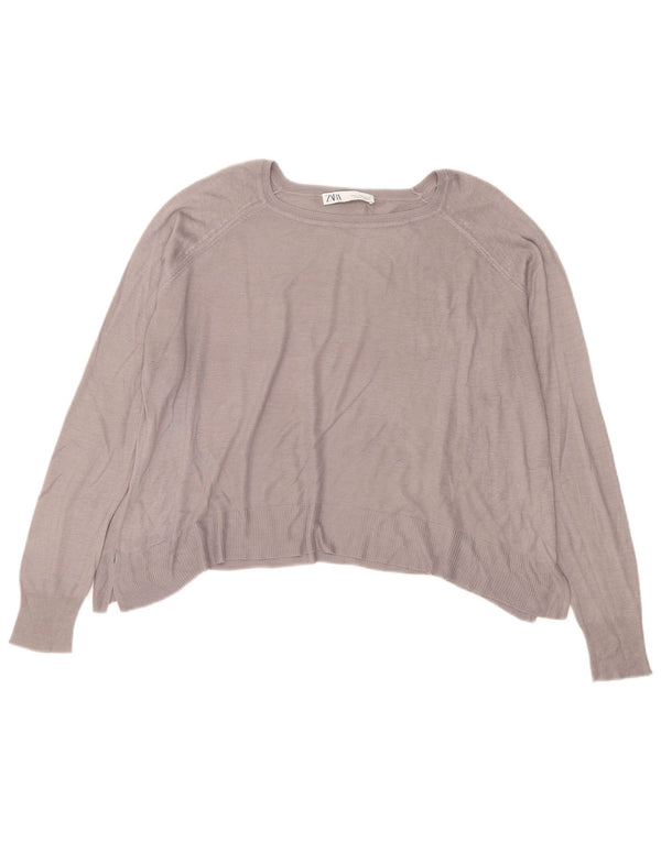 ZARA Womens Crop Oversized Boat Neck Jumper Sweater UK 14 Medium Grey