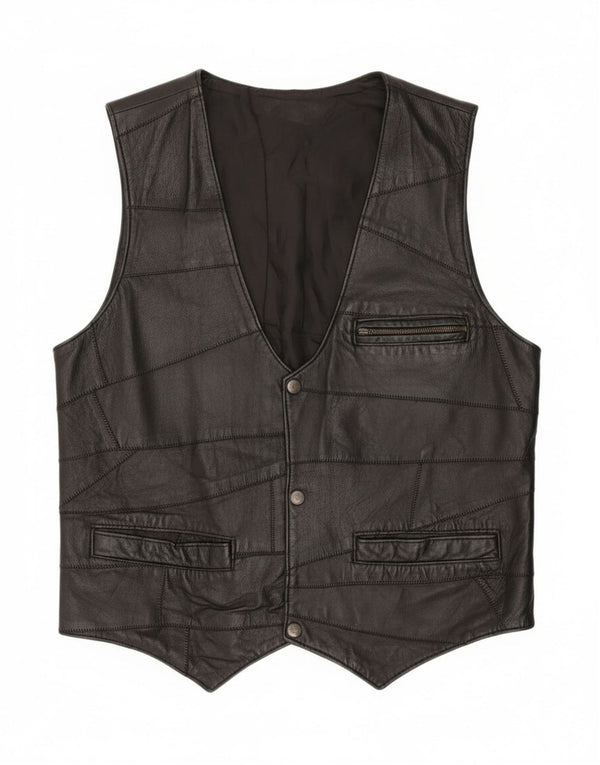 Vintage Mens Leather Waistcoat Small Black Patchwork