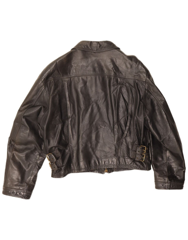 Vintage Dame Crop Læderjakke IT 52 2XL Sort Læder