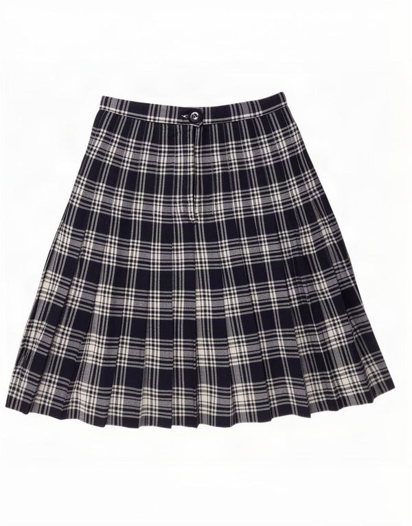Vintage Womens Knife Pleated Skirt Medium W28 Navy Blue Plaid Polyester