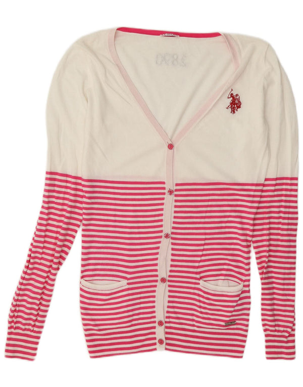 U.S. Polo Assn. Dame cardigan sweater UK 10 Lille hvid stribet bomuld