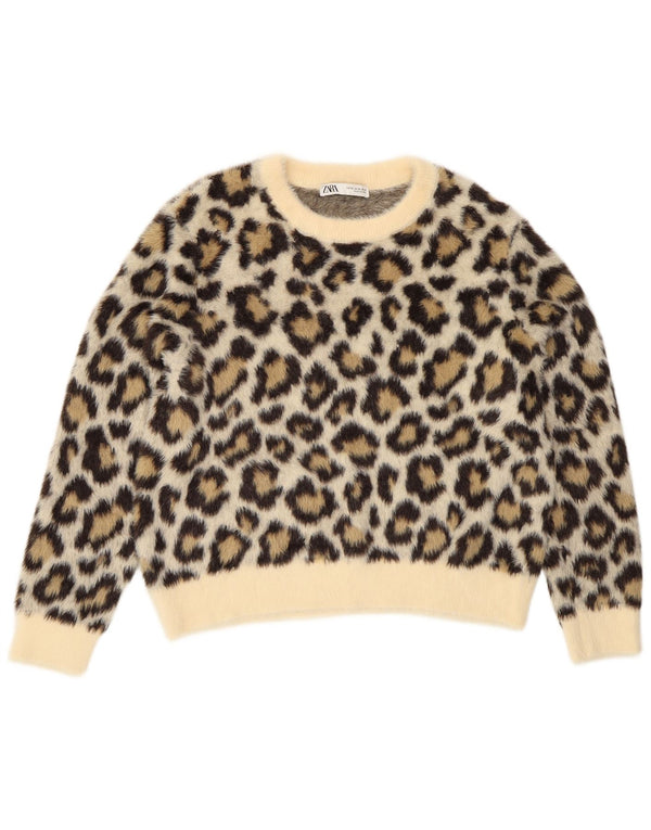Zara Dame Crew Neck Jumper Sweater UK 18 XL Beige Animal Print Polyamid