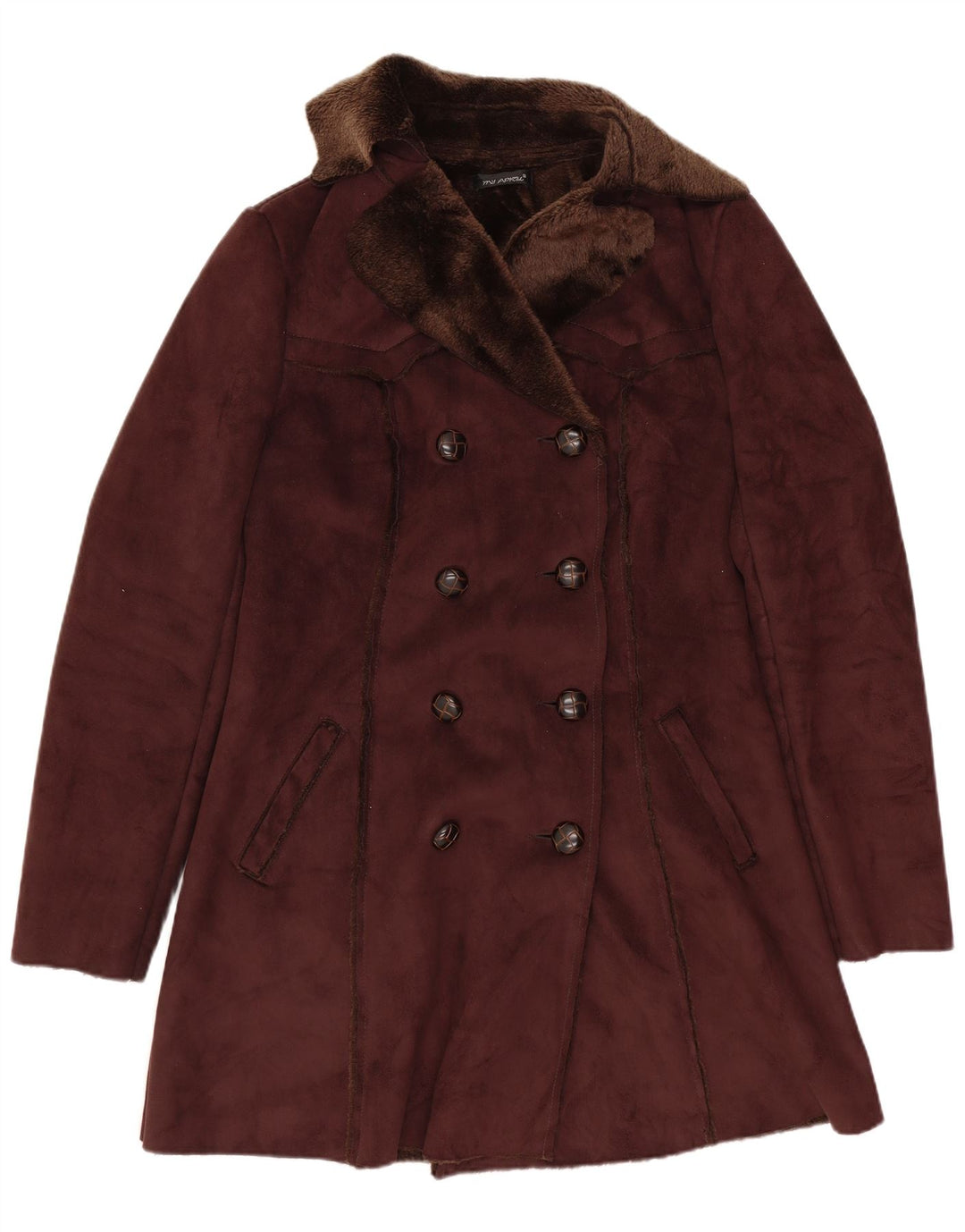 Vintage Dame Sherpa Dobbeltradet Frakke UK 8 Lille Brun