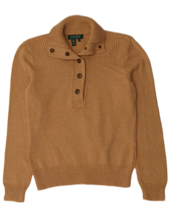 Ralph Lauren Dame Button Neck Jumper Sweater UK 12 Medium Beige Bomuld