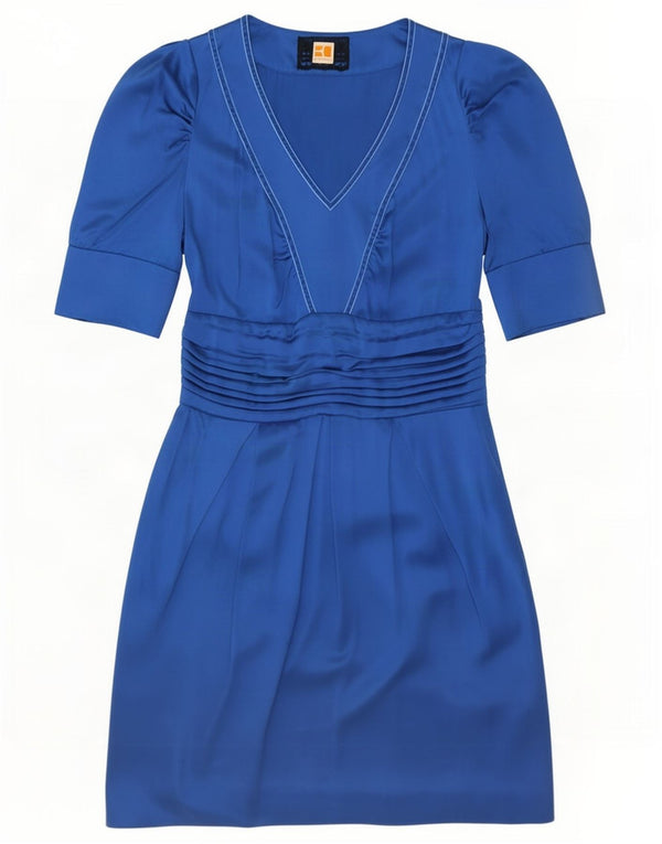 Hugo Boss Dame 3/4-ærmet Skede Kjole UK 8 Small Blue Silk