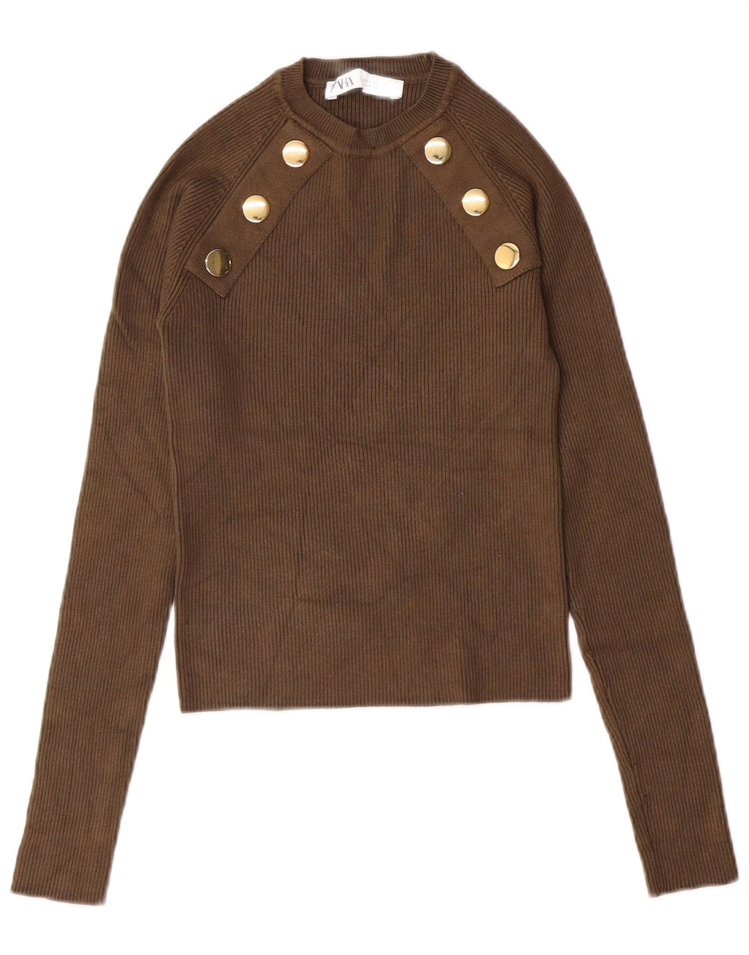 ZARA Dame Crop Crew Neck Jumper Sweater UK 8 Small Khaki