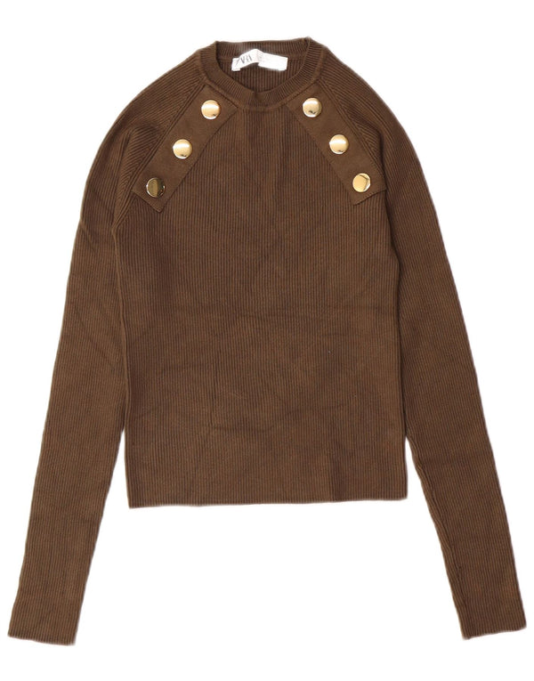 ZARA Dame Crop Crew Neck Jumper Sweater UK 8 Small Khaki