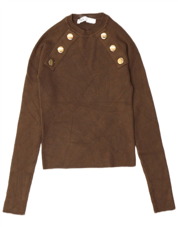 ZARA Dame Crop Crew Neck Jumper Sweater UK 8 Small Khaki