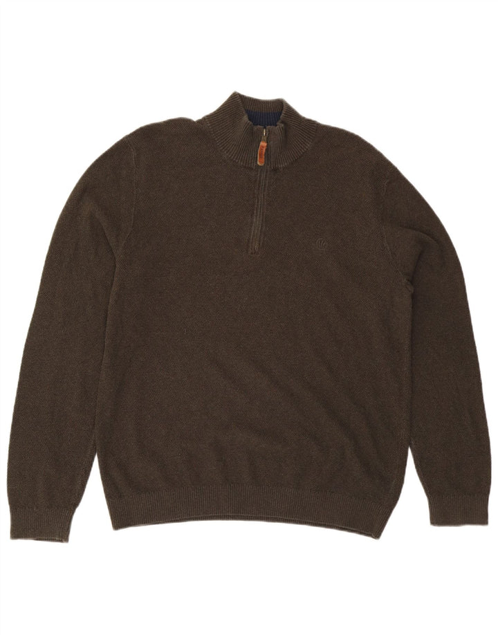 Fat Face Herre Zip Neck Jumper Sweater Stor Khaki Bomuld